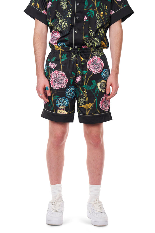 Black Floral Satin Short